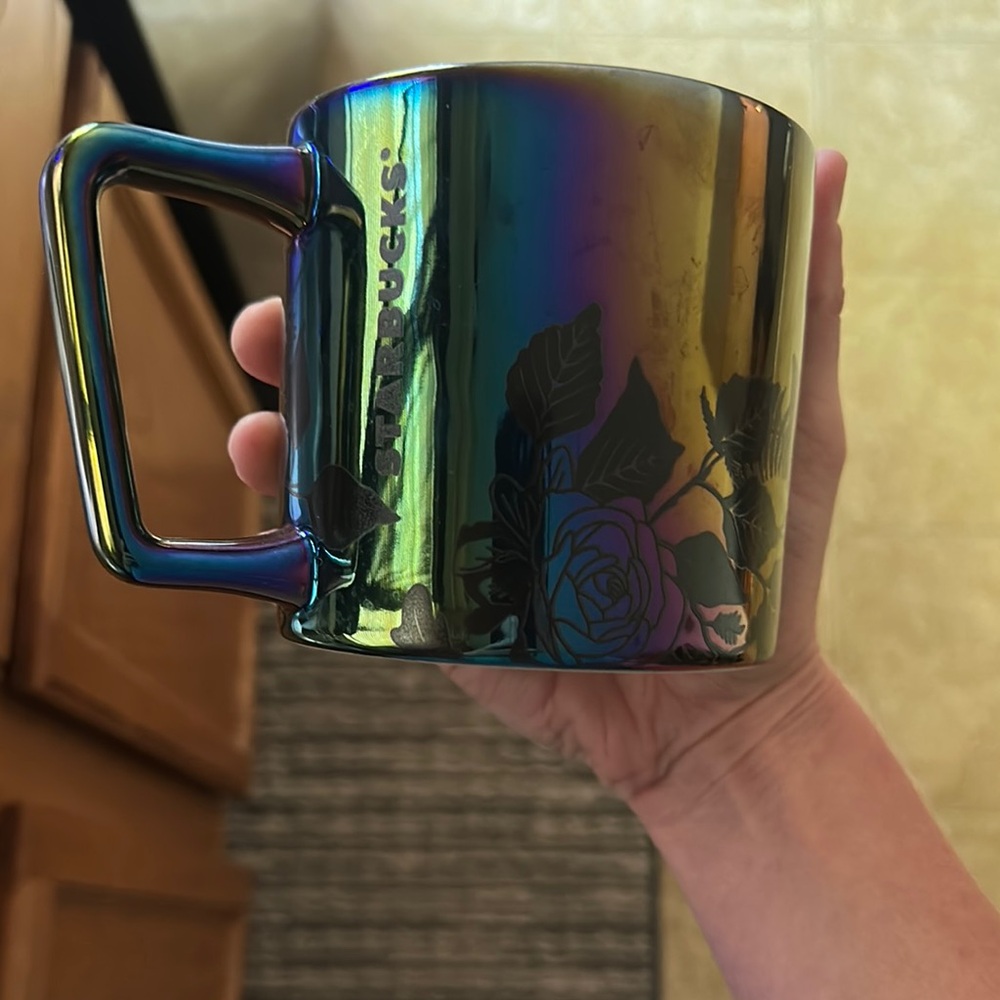 Starbucks Iridescent Ceramic Rainbow Black Rose Roses Floral Mug 14oz